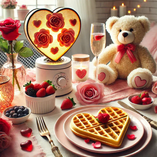 Romantic breakfast setup with heart-shaped waffles, strawberries, a teddy bear with a red bow, rose-themed decor, and a glowing heart-shaped lamp, perfect for Valentine's Day or special occasions.