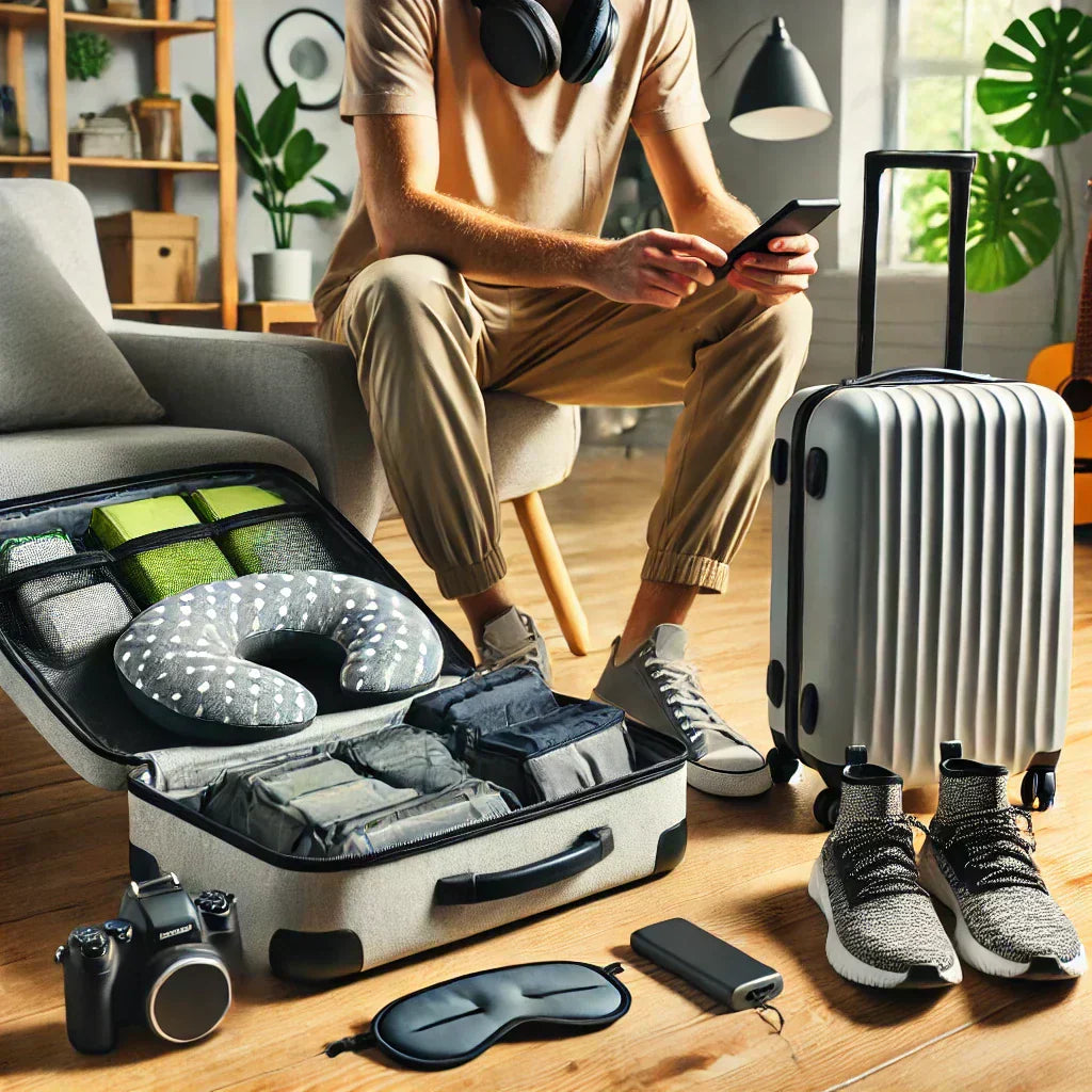 FlyBud Series travel set with SmartCube packing cubes, Eye Mask with Bluetooth headphones, and Travel Neck Pillow, alongside SiliCoverโข protecting shoes and PocketPower Power Bank 10k charging a device during a trip.