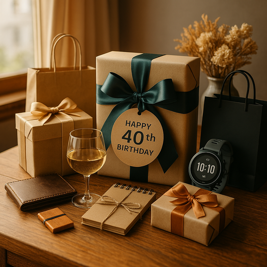 A photograph showcases an array of 40th birthday presents arranged on a neutral table with soft lighting. The scene includes gift boxes, flowers, and decorative elements in a gender-neutral color palette, evoking a warm and celebratory atmosphere.