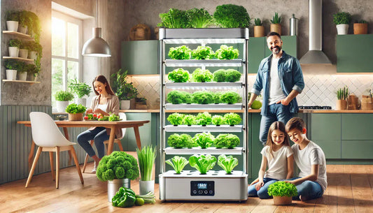 A sleek, compact indoor hydroponic growing system with multiple plant pods sprouting herbs and leafy greens. The system includes an LED grow light to optimize plant growth, designed for small home spaces like kitchens and living rooms.