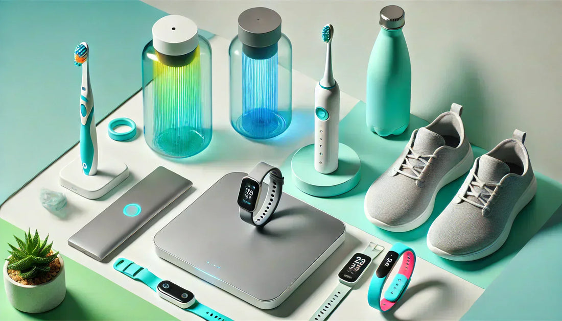 Collection of health and fitness gadgets, including smart water bottles, electric toothbrushes, fitness trackers, a smart scale, and running shoes, arranged on a pastel background.