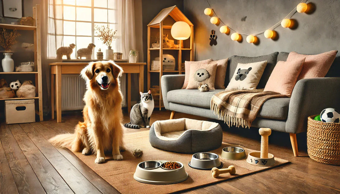 Golden retriever sitting in a cozy, pet-friendly living room with feeding bowls, toys, and a plush pet bed, showcasing a warm and inviting home environment