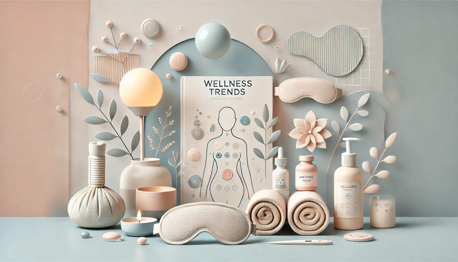 A calming wellness-themed banner featuring soft pastel tones, a clean background, and wellness-related elements such as a heat therapy wrap, a massage cup, and a sleep mask. The design evokes relaxation, recovery, and self-care.