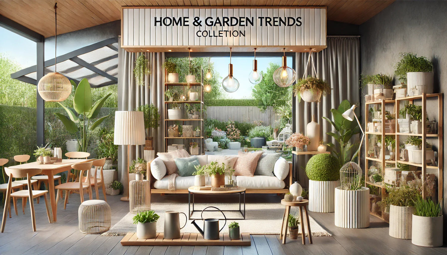 "A stylish and inviting home and garden-themed banner featuring modern home décor, elegant lighting, indoor plants, and a cozy outdoor garden setup with potted plants, gardening tools, and patio furniture. The design is fresh and aesthetically pleasing.